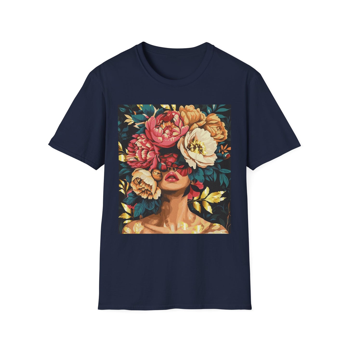 Floral Face Art T-Shirt, Unisex Softstyle Tee for Floral Lovers, Artistic Apparel, Gift for Her, Boho Aesthetic Wear