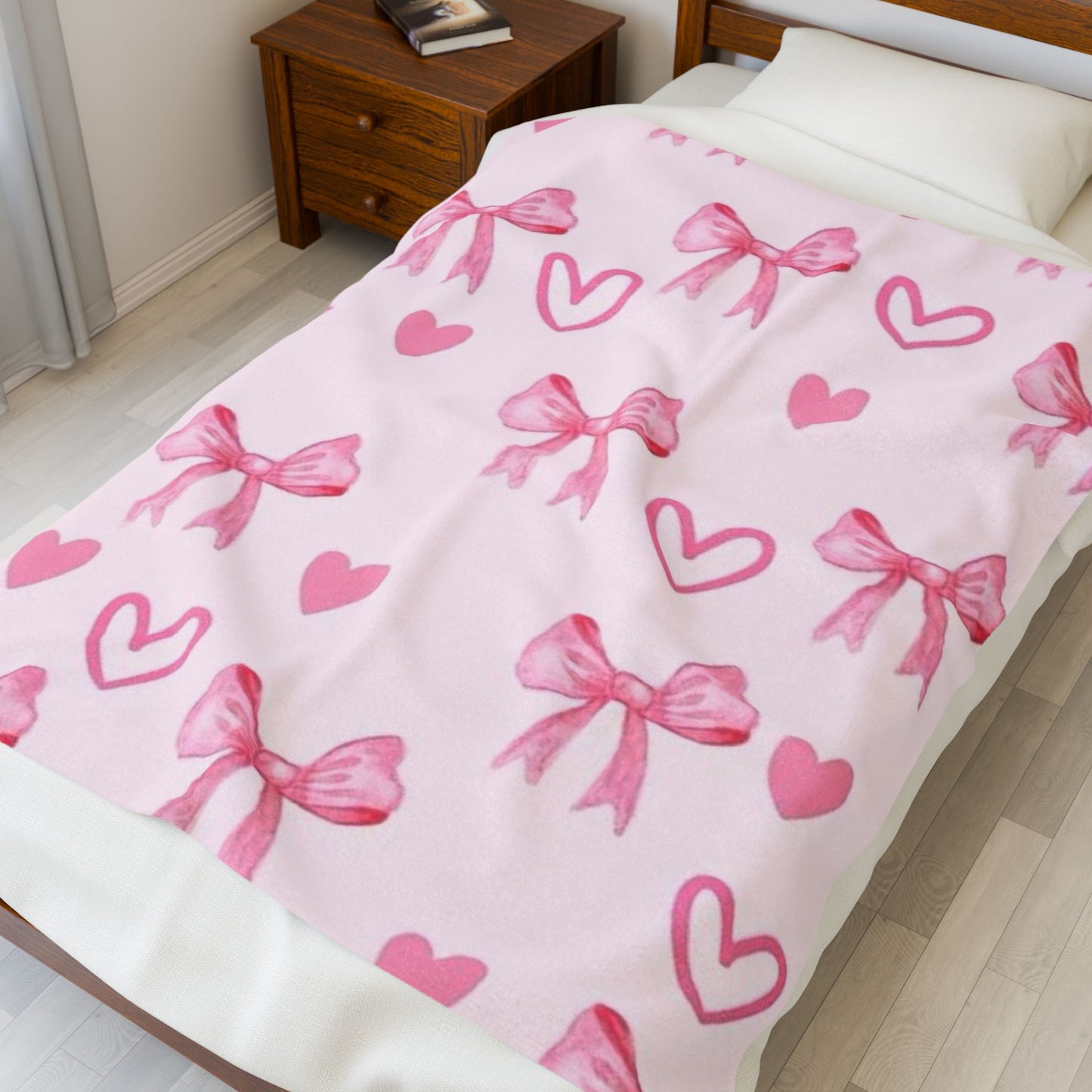 Cute Pink Bow Velveteen Plush Blanket | Cozy Throw for Kids, Nursery Decor, Birthday Gift, Valentine's Day, Home Styling