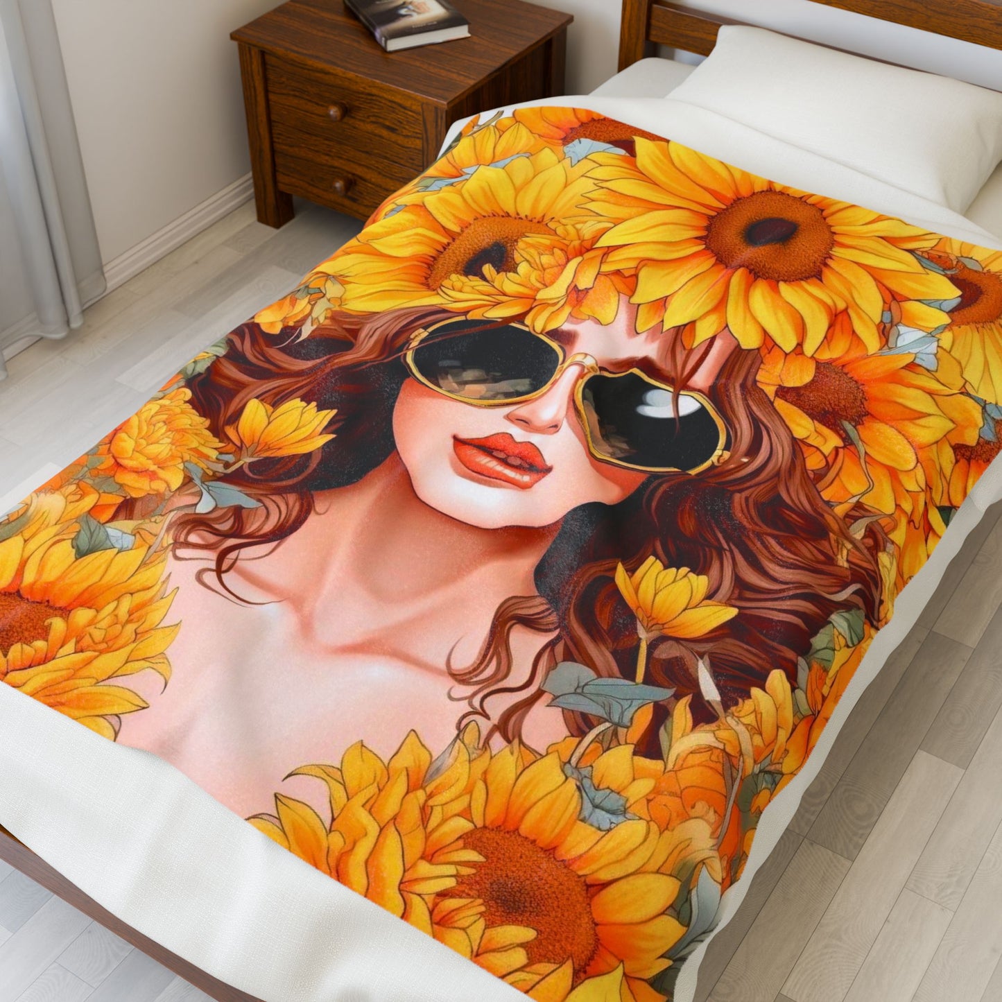 Sunflower Dreams Velveteen Plush Blanket, Cozy Throw Blanket, Floral Home Decor, Gift for Her, Boho Chic Blanket