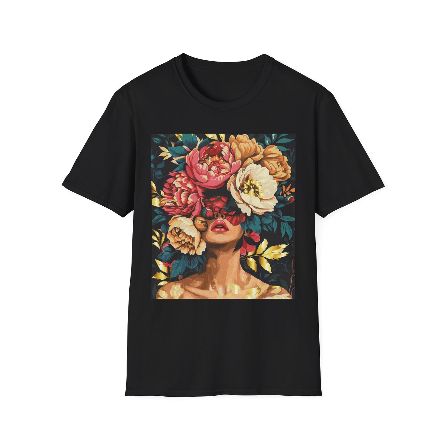 Floral Face Art T-Shirt, Unisex Softstyle Tee for Floral Lovers, Artistic Apparel, Gift for Her, Boho Aesthetic Wear