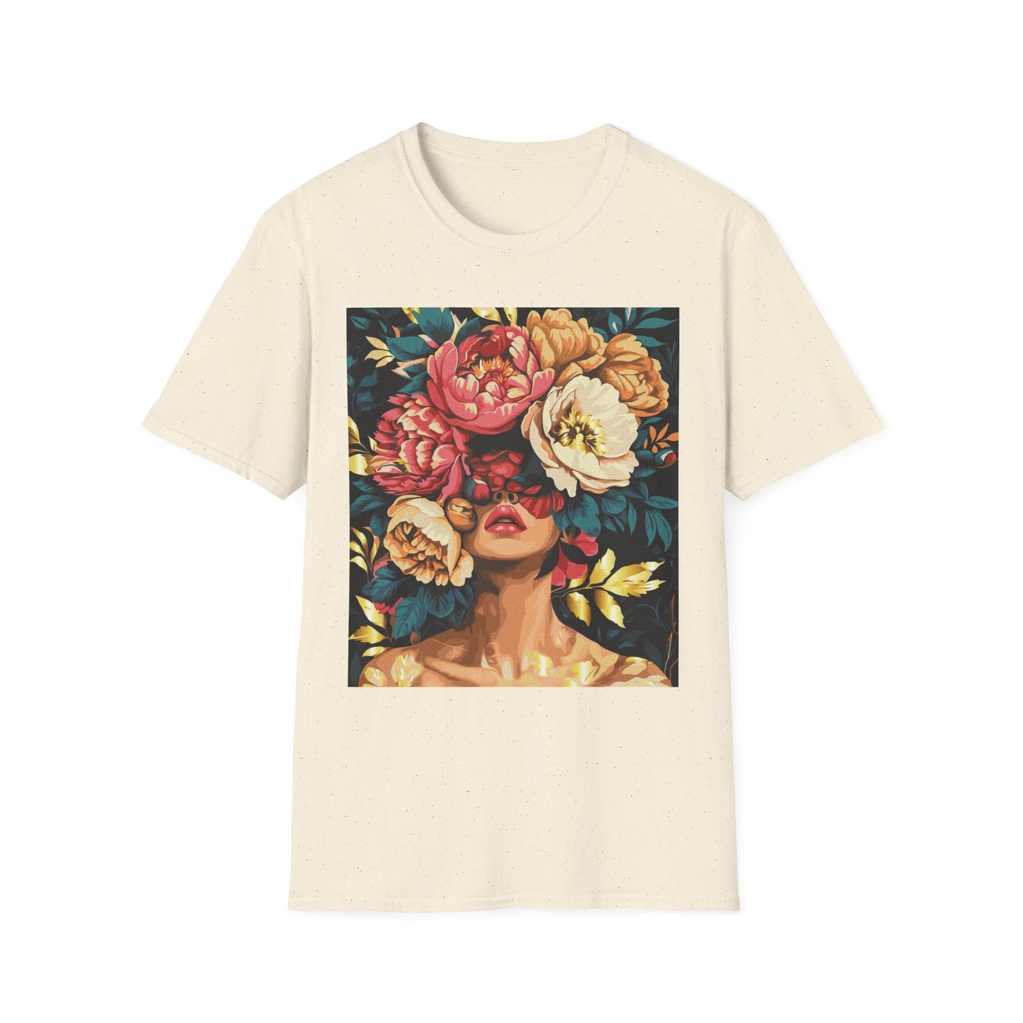 Floral Face Art T-Shirt, Unisex Softstyle Tee for Floral Lovers, Artistic Apparel, Gift for Her, Boho Aesthetic Wear