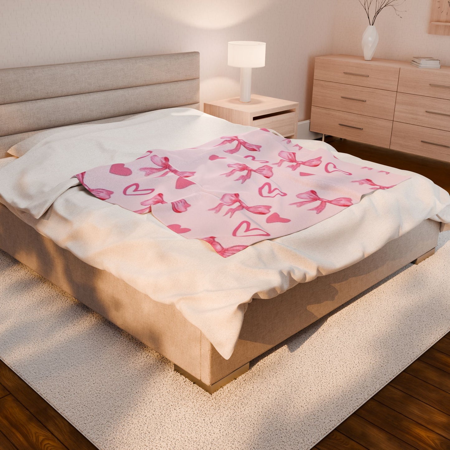 Cute Pink Bow Velveteen Plush Blanket | Cozy Throw for Kids, Nursery Decor, Birthday Gift, Valentine's Day, Home Styling