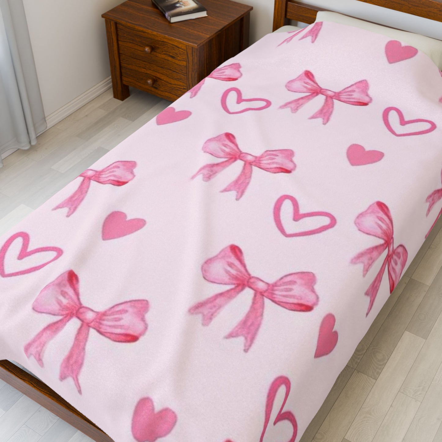 Cute Pink Bow Velveteen Plush Blanket | Cozy Throw for Kids, Nursery Decor, Birthday Gift, Valentine's Day, Home Styling