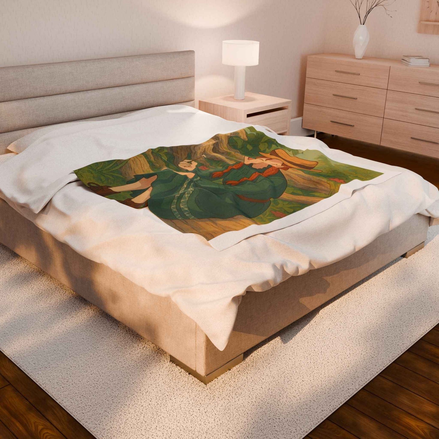 Cozy Velveteen Blanket - Whimsical Greenery Scene, Perfect Gift for Nature Lovers, Home Decor, Cozy Nights, Picnics, Kids - I&B