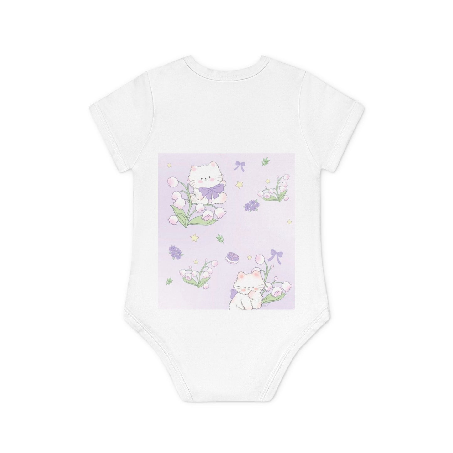 Baby Bodysuit — Pastel Floral Kittens Organic Short Sleeve