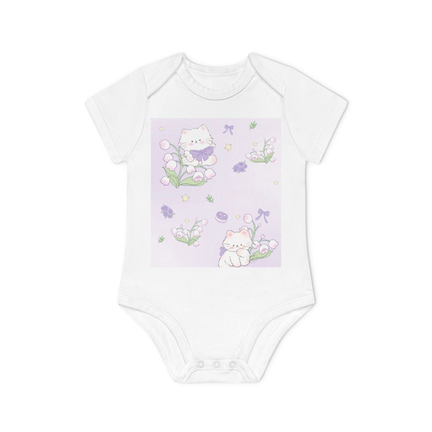 Baby Bodysuit — Pastel Floral Kittens Organic Short Sleeve