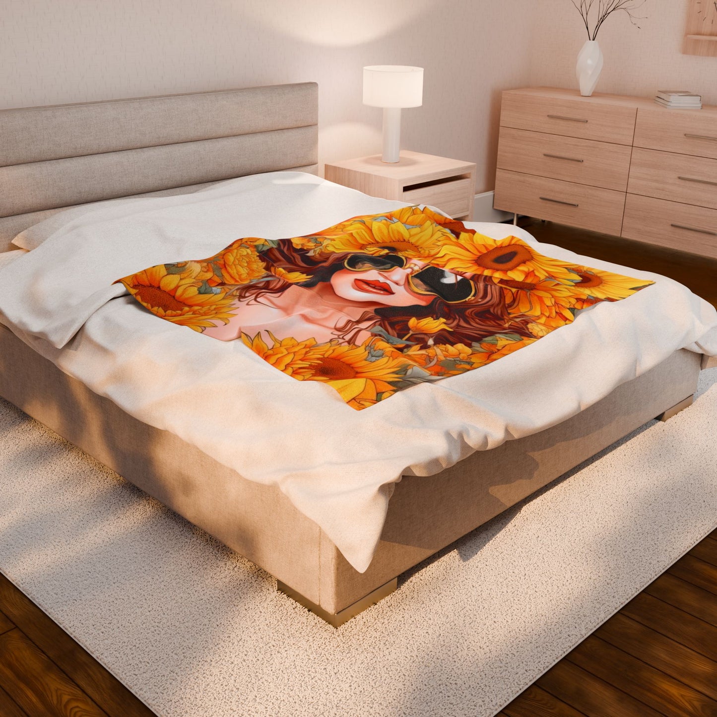 Sunflower Dreams Velveteen Plush Blanket, Cozy Throw Blanket, Floral Home Decor, Gift for Her, Boho Chic Blanket