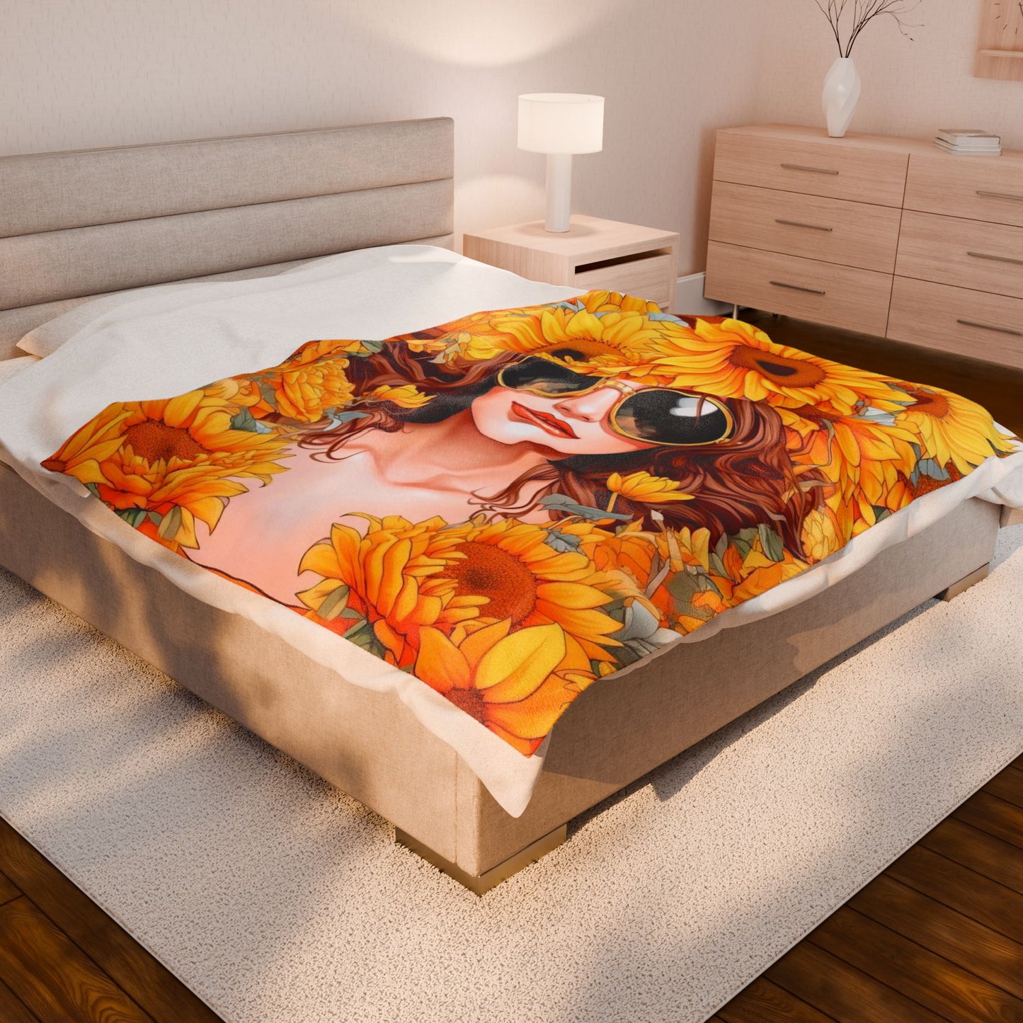 Sunflower Dreams Velveteen Plush Blanket, Cozy Throw Blanket, Floral Home Decor, Gift for Her, Boho Chic Blanket