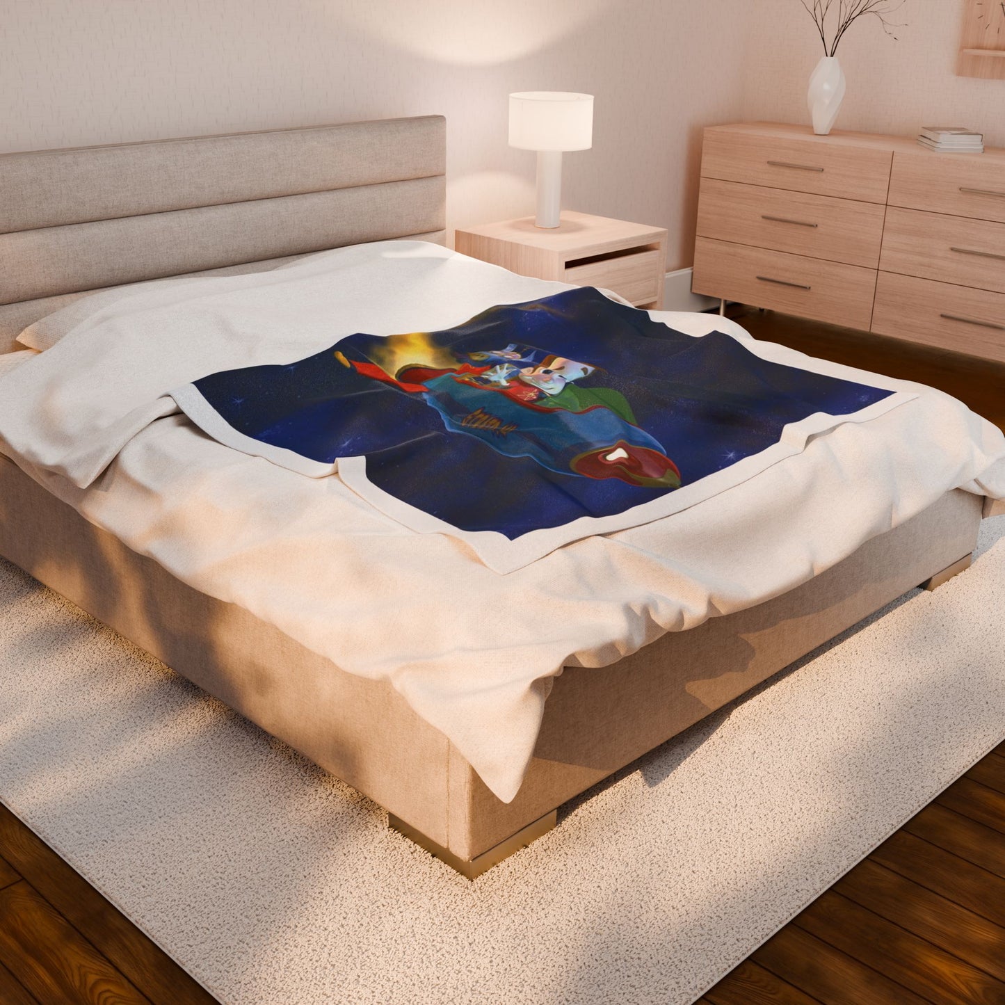 Cozy Jiminy Neutron Velveteen Plush Blanket, Cartoon Blanket, Kids Gift, Space Theme Décor, Soft Fleece Blanket, Sleepover Essential