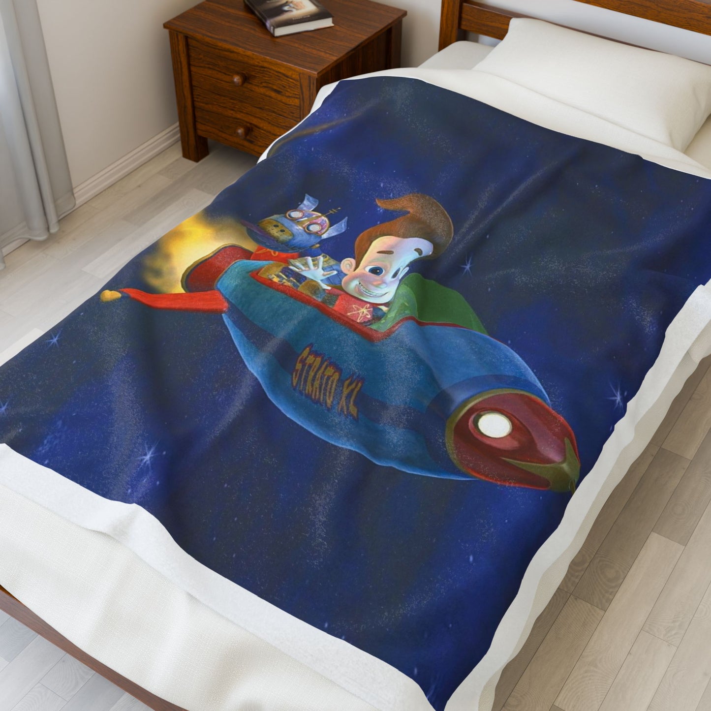 Cozy Jiminy Neutron Velveteen Plush Blanket, Cartoon Blanket, Kids Gift, Space Theme Décor, Soft Fleece Blanket, Sleepover Essential