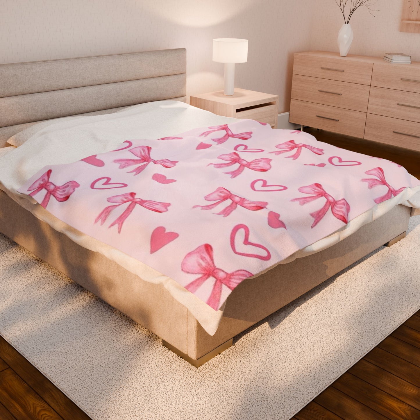 Cute Pink Bow Velveteen Plush Blanket | Cozy Throw for Kids, Nursery Decor, Birthday Gift, Valentine's Day, Home Styling