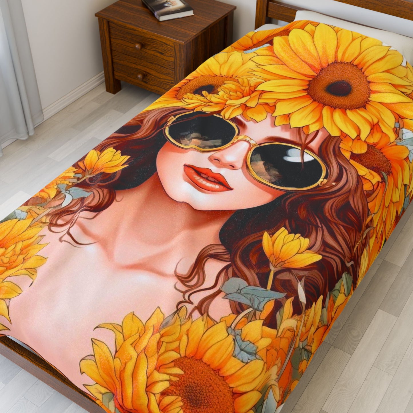 Sunflower Dreams Velveteen Plush Blanket, Cozy Throw Blanket, Floral Home Decor, Gift for Her, Boho Chic Blanket