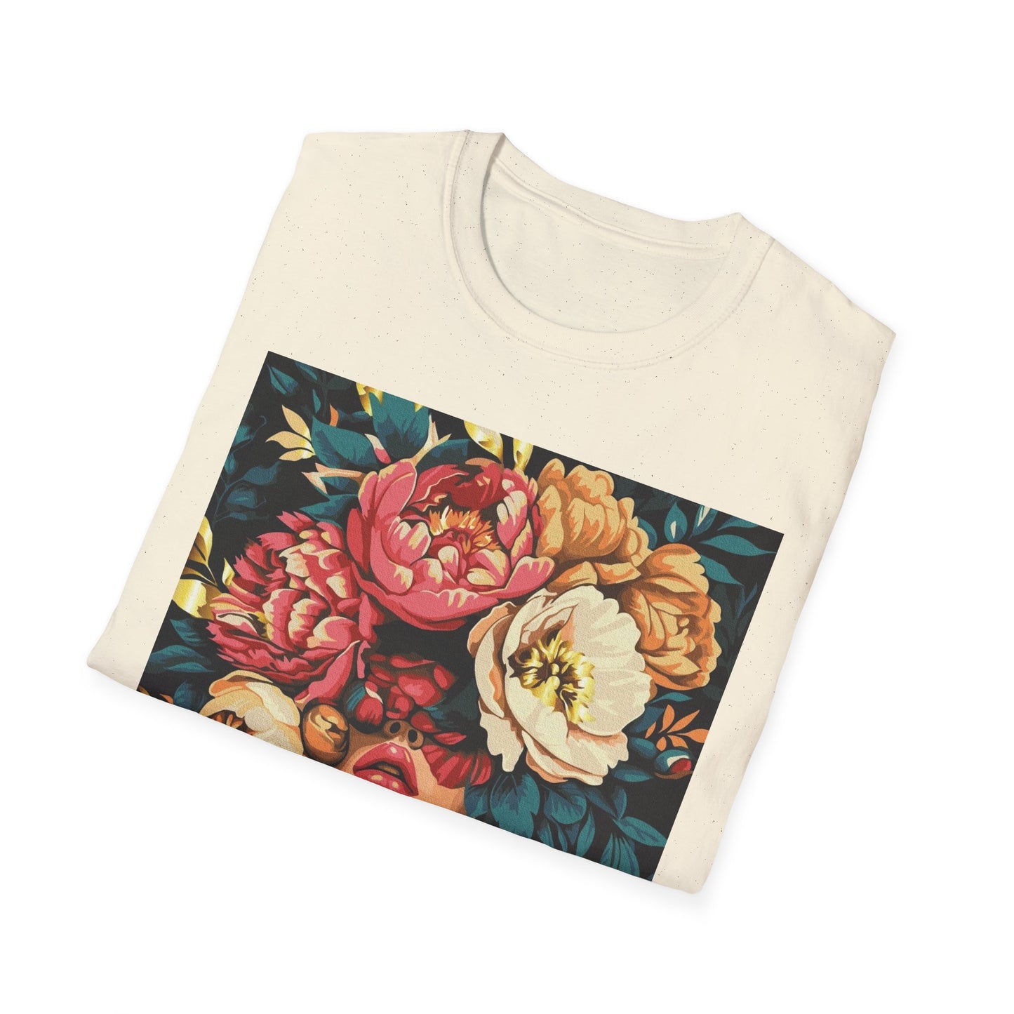 Floral Face Art T-Shirt, Unisex Softstyle Tee for Floral Lovers, Artistic Apparel, Gift for Her, Boho Aesthetic Wear