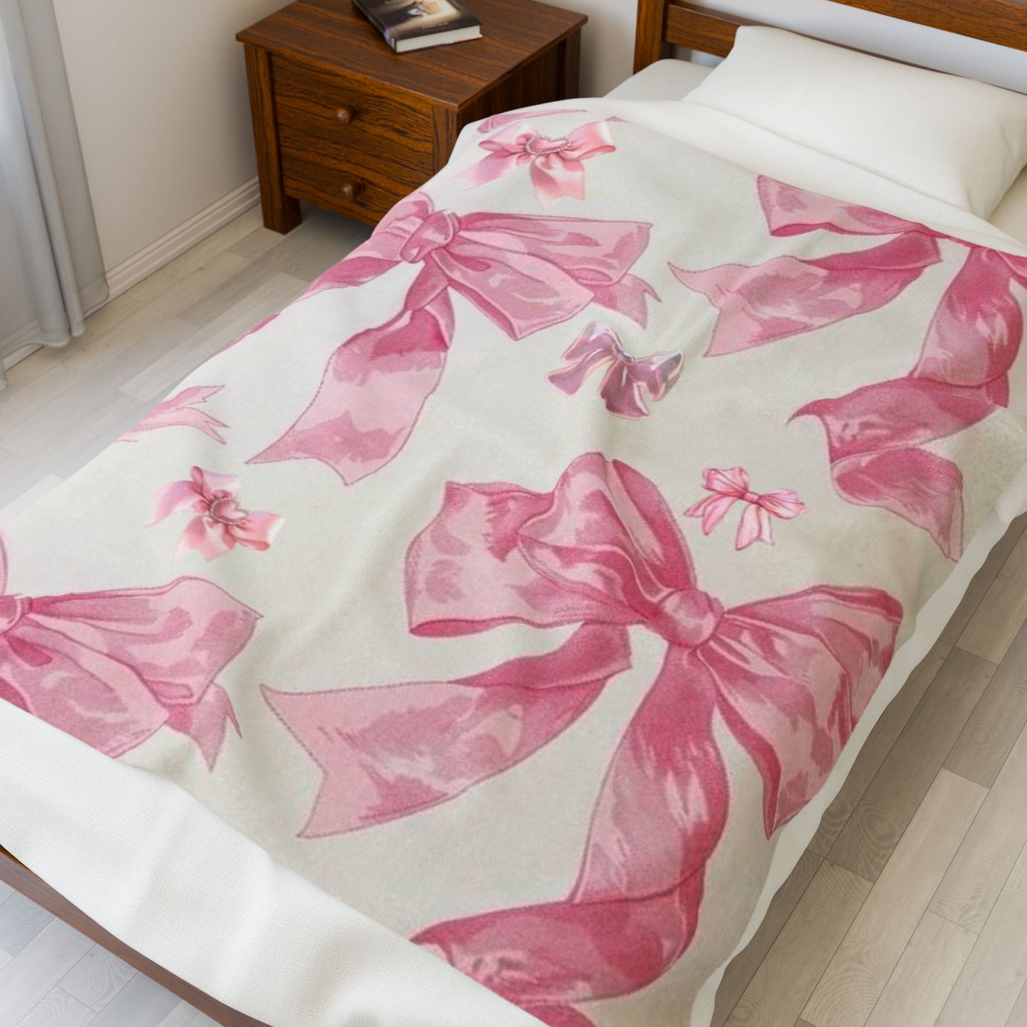 Chic Bow Design Velveteen Plush Blanket, Cozy Bedroom Decor, Pink Bow Throw for Kids, Nursery Gift, Soft Home Accessory