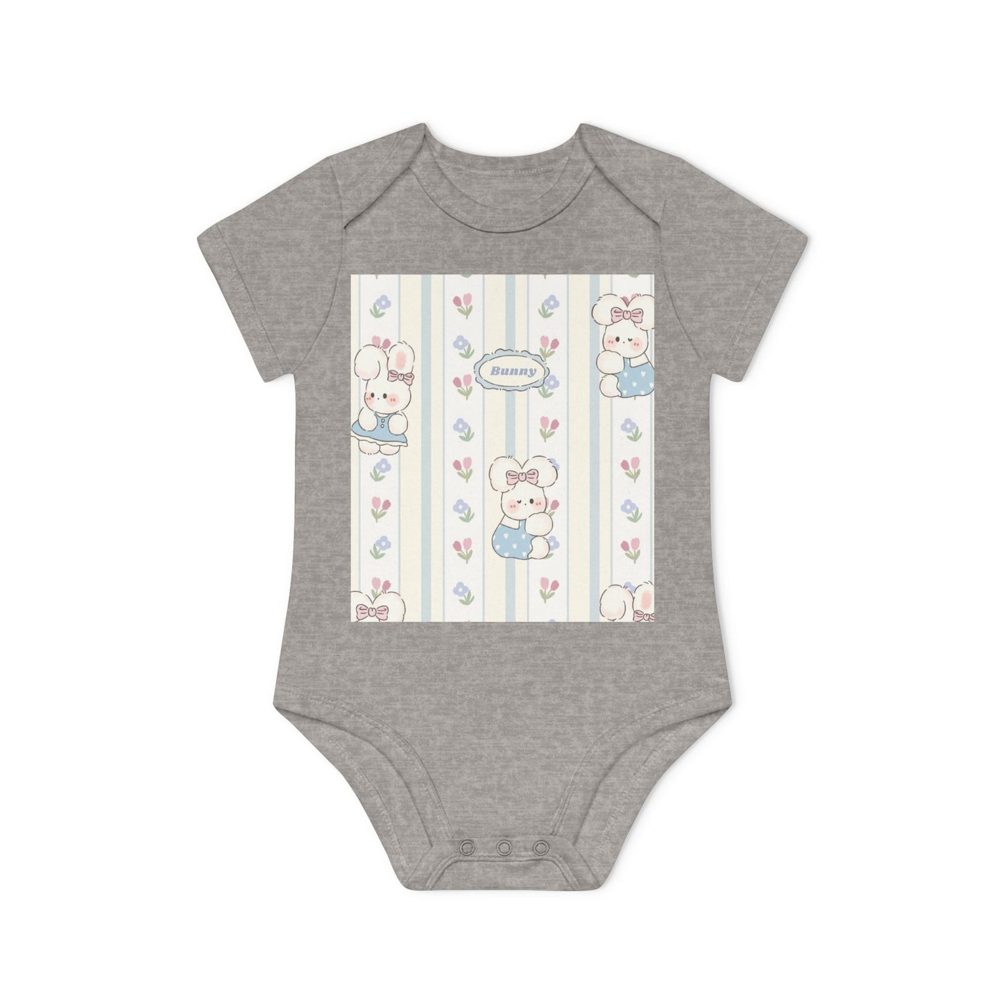 Baby Bodysuit — Pastel Teddy Stripe Organic Short Sleeve Onesie ("Welcome")