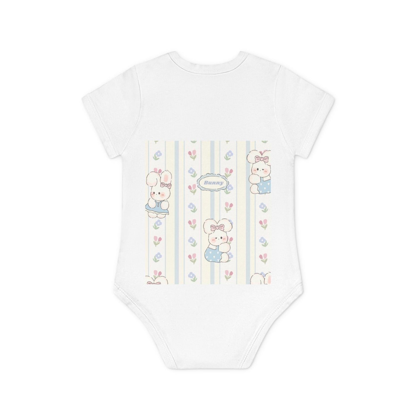 Baby Bodysuit — Pastel Teddy Stripe Organic Short Sleeve Onesie ("Welcome")