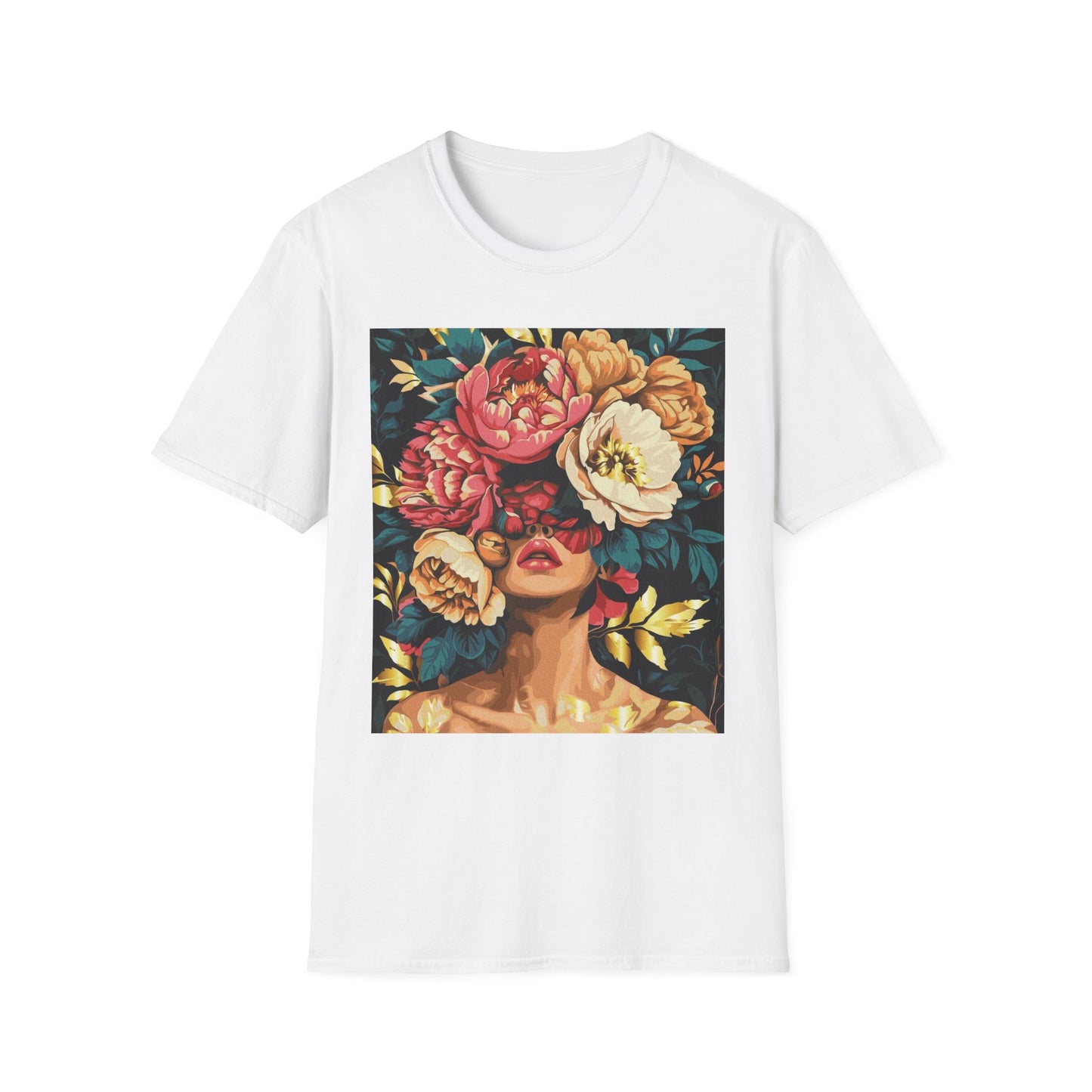 Floral Face Art T-Shirt, Unisex Softstyle Tee for Floral Lovers, Artistic Apparel, Gift for Her, Boho Aesthetic Wear