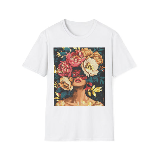 Floral Face Art T-Shirt, Unisex Softstyle Tee for Floral Lovers, Artistic Apparel, Gift for Her, Boho Aesthetic Wear