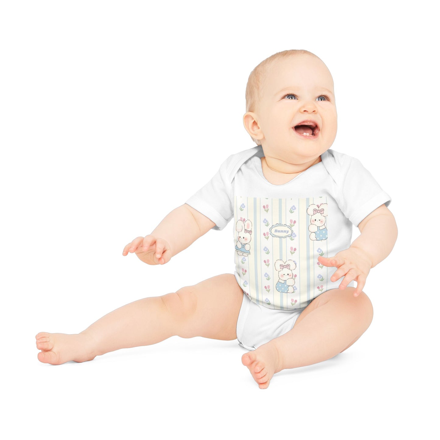 Baby Bodysuit — Pastel Teddy Stripe Organic Short Sleeve Onesie ("Welcome")