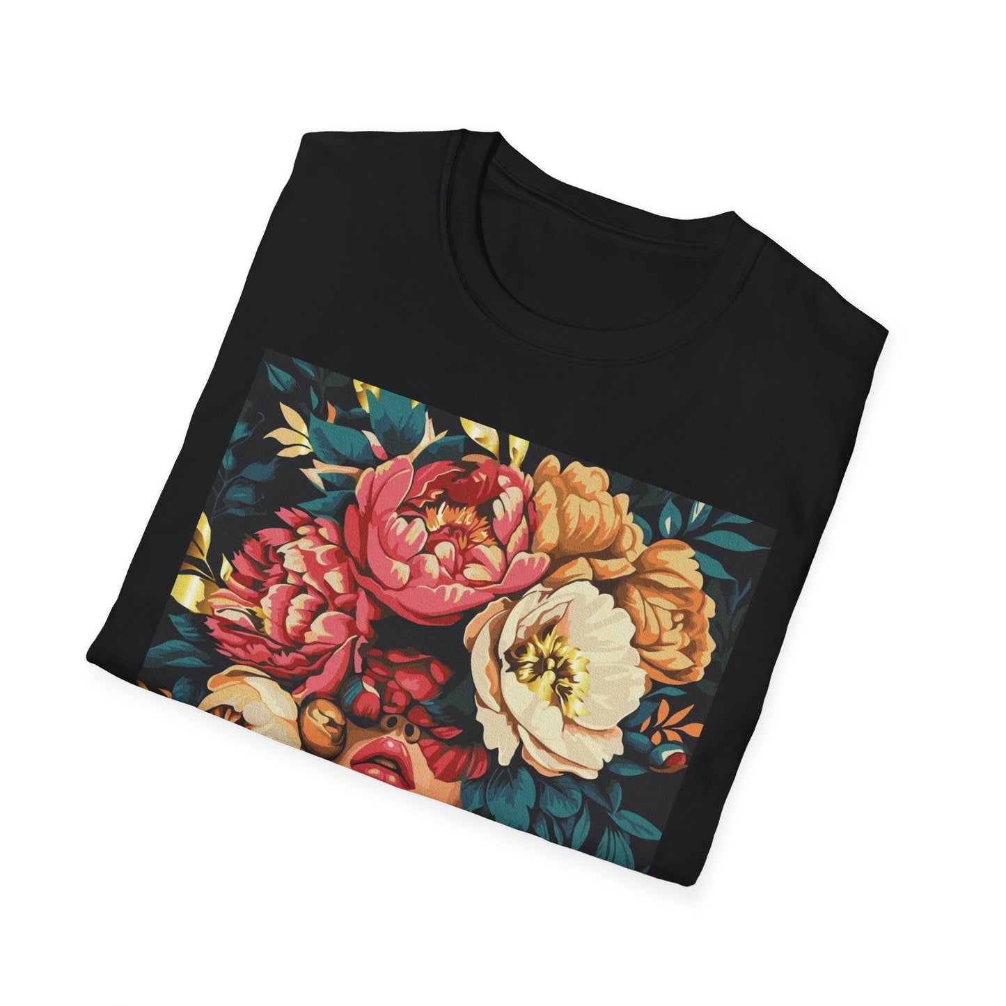Floral Face Art T-Shirt, Unisex Softstyle Tee for Floral Lovers, Artistic Apparel, Gift for Her, Boho Aesthetic Wear