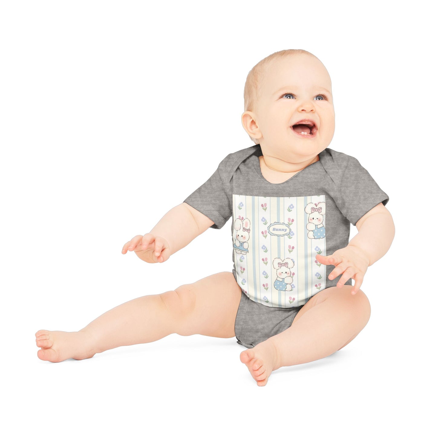 Baby Bodysuit — Pastel Teddy Stripe Organic Short Sleeve Onesie ("Welcome")