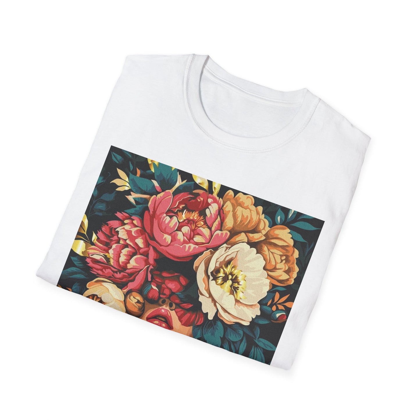 Floral Face Art T-Shirt, Unisex Softstyle Tee for Floral Lovers, Artistic Apparel, Gift for Her, Boho Aesthetic Wear