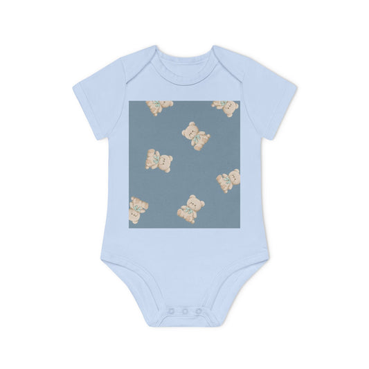 Baby Bodysuit — Vintage Teddy Bear Pattern on Dusty Blue (Organic Cotton)