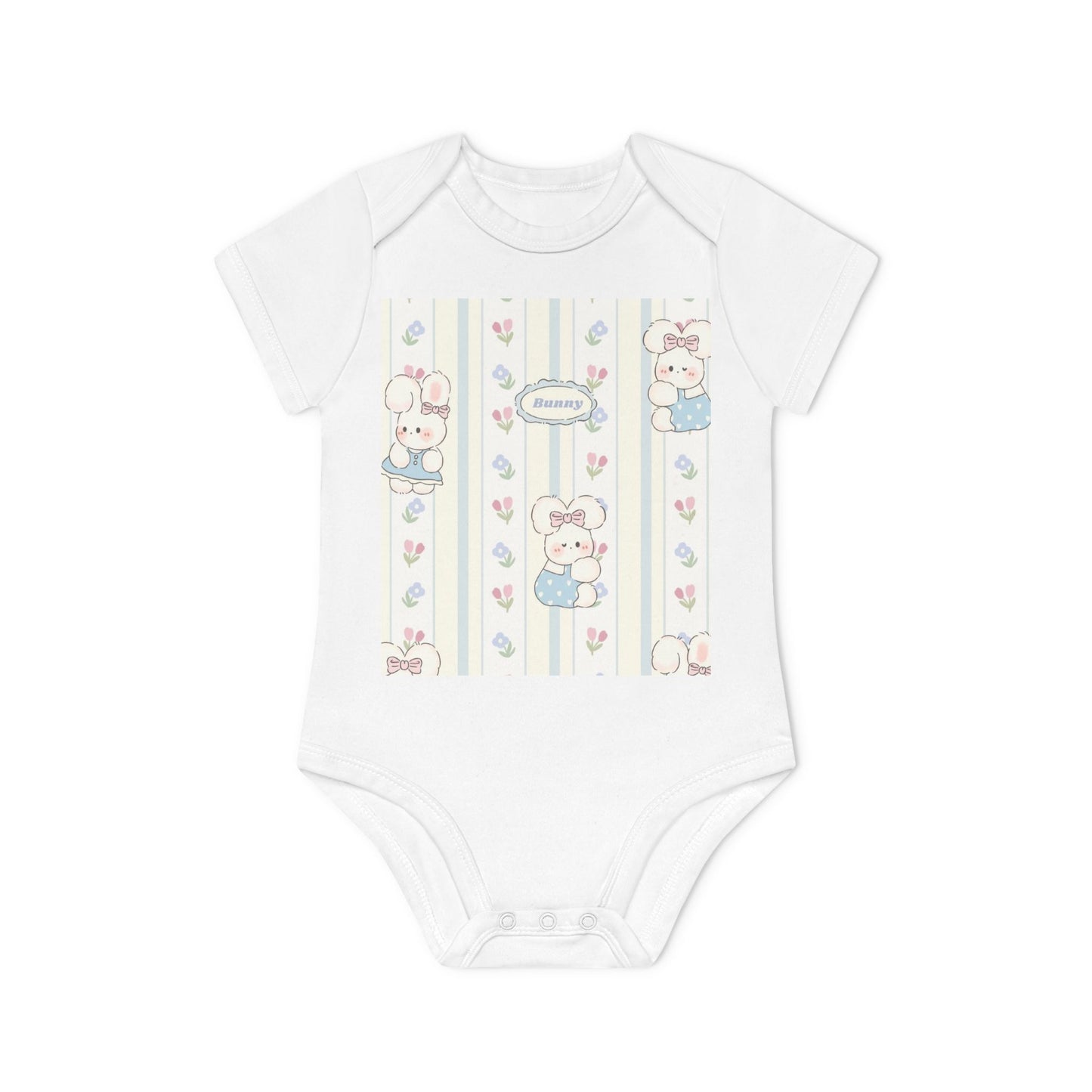 Baby Bodysuit — Pastel Teddy Stripe Organic Short Sleeve Onesie ("Welcome")